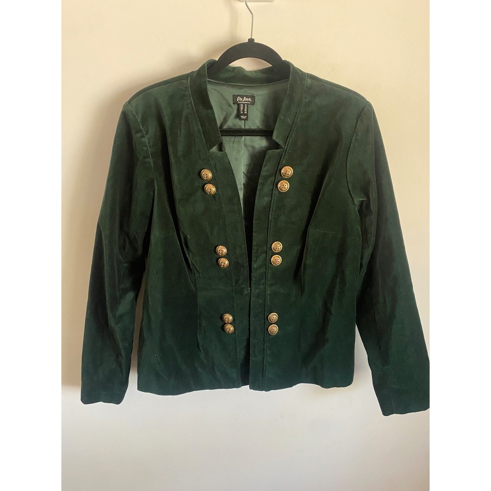 Du Jour Forest Green Velvet Military Blazer Gold Crest Buttons Women Size 12
